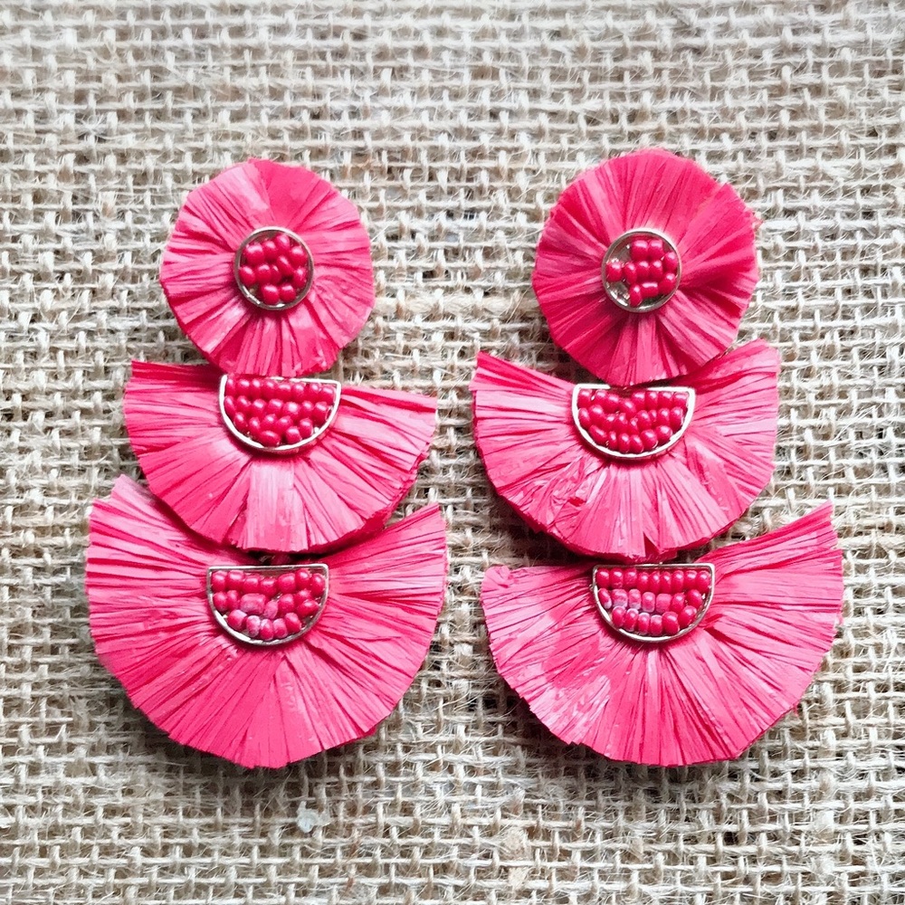 Statement Earrings, Red Raffia fan Earrings